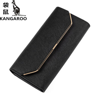Kangaroo (kangaroo) new women's wallet women's long cowhide fashion simple three-fold clutch bag multi-functional women's wallet black
