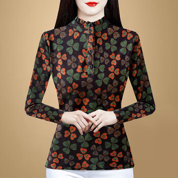 Orchid printed bottoming shirt women's 2025 autumn and winter new age-reducing temperament german velvet warm stand-up collar t-shirt tops coffee bottom printing m