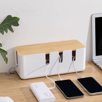 Fengshang power strip storage box plug and strip socket power cord data cable charger wire storage desktop hub seven-hole hub box - elegant white bamboo wood cover