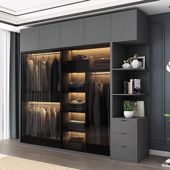 Laiyi aijia modern minimalist wardrobe bedroom household glass sliding door overall storage cabinet sliding door storage cabinet gray wardrobe 2.0 meter wardrobe + side cabinet + top cabinet