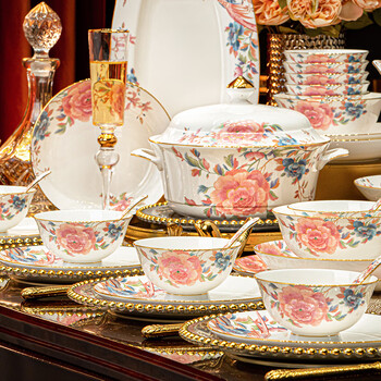 2024 new product peony new chinese style bone china high-end bowl and plate set as a housewarming gift complete set of dishes and tableware suitable for microwave oven | 10-person set with free brocade box 60 pieces