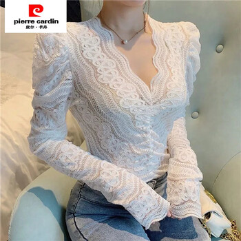 Pierre cardin (pierre cardin) velvet/not for autumn and winter, new style, puff-sleeved, long-sleeved, v-neck shirt, top with bottoming lace shirt for women, white, hollow style, s, recommended 75-90 pounds