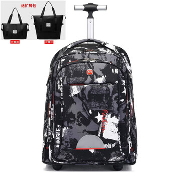 High school junior high school trolley school bag large capacity stair climbing men and women grade 789 waterproof load-reducing large wheel backpack 22-inch black graffiti (expansion pack included)
