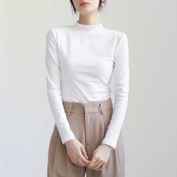 Modal small stand-up collar white bottoming shirt with autumn and winter velvet top for women pure cotton mid-collar long-sleeved t-shirt half turtleneck slim fit off-white pure cotton s