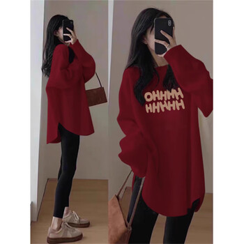 Feilimushang de velvet bottoming shirt for women, warm top for autumn and winter, mid-length, irregular, year of the dragon, new year, red long-sleeved t-shirt, de velvet 573-265 red m