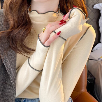 Yu zhaolin half turtle collar bottoming shirt women's velvet autumn and winter long sleeve t-shirt autumn and winter versatile fungus hem western style slim fit top