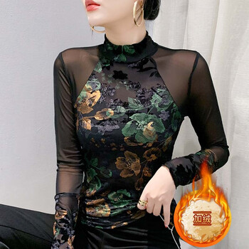 Yaoyijia velvet warm retro printed turtleneck bottoming shirt for women, advanced slim-fitting sexy long-sleeved lace top, front and back, green flower 2xl