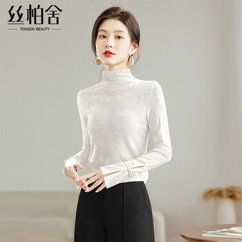 Sibaishe retro style bottoming shirt 2026 spring new women's national style splicing half turtle collar slim fit top white s