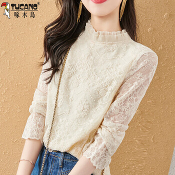 Woodpecker (tucano) high-end lace bottoming shirt for women spring and autumn 2025 new korean style fashionable and wild-matched small shirt with thin style for women, apricot one size