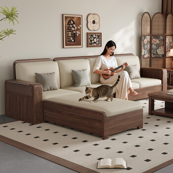 Anju space south american black walnut solid wood sofa combination new chinese style small apartment furniture simple living room winter and summer dual-use sofa four-seater + coffee table