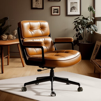 Idesk computer chair comfortable sedentary home study chair genuine leather retro seat office chair sofa chair back chair swivel chair coffee color cowhide