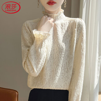 Langsha 2026 new autumn and winter style small fragrance style lace fungus half turtleneck bottoming shirt for women with super western style sweater inside beige l 100-120 pounds