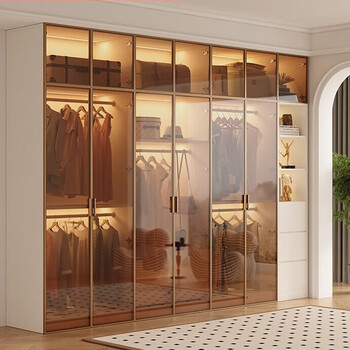 Yan zongjiang wardrobe 2024 new modern light luxury minimalist glass door cloakroom combination cabinet bedroom home cabinet large wardrobe 2.2 meters six-door wardrobe + top cabinet