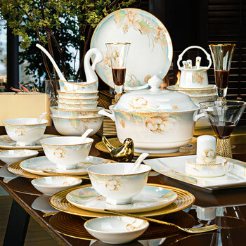 Red peony jingdezhen bowls and plates chinese-style ceramic tableware complete set of light luxury gold-rimmed dishes and plates bone china bowls and chopsticks set water and sky color gift box 56-piece set