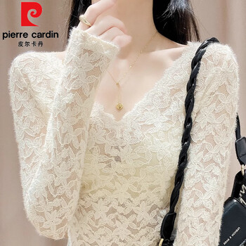 Pierre cardin v-neck lace bottoming shirt for women in spring and autumn, sexy low-neck inner wear, high-end small shirt, western style mesh slim long-sleeved top, apricot s