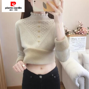 Pierre cardin one-piece velvet half-turtleneck sweater for women, velvet thickened bottoming shirt, autumn and winter new sweater, slim inner top, trendy khaki (one-piece velvet), thickened s 80-90 catties