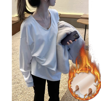 Bei xianqi white long-sleeved t-shirt for women autumn and winter 2025 new inner layering shirt hot girl german velvet lazy mid-length v-neck top white german velvet thickened m 105-125 catties
