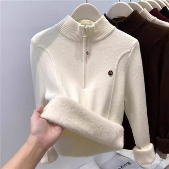 Knitted sweater thickened velvet one-piece half open collar plus velvet winter new women's middle collar zipper inner top stand collar apricot plus velvet m