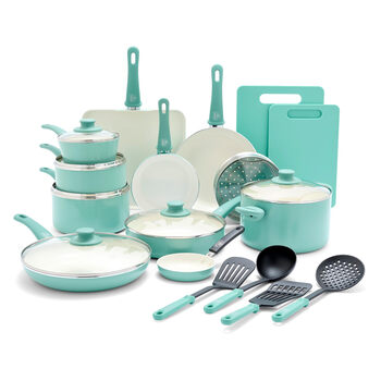 Greenlife 23-piece ceramic non-stick pan set, wok, frying pan, stock pot, chopping board, kitchen utensils, teal blue* 23 piece cookware set