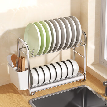 Home care drainage dish rack kitchen dish storage rack stainless steel countertop cabinet drawer dish rack narrow slit storage rack solid thick steel double layer dish rack 34.5cm