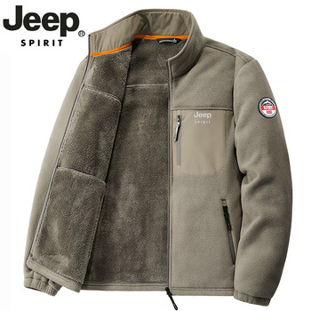 Jeep spirit light luxury high-end polar fleece jacket men's autumn and winter plus velvet thickened sweater stand collar large size outdoor casual fleece jacket khaki 2xl