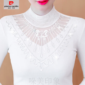 Pierre cardin (pierre cardin) spring and autumn bottoming shirt for women, long-sleeved shirt, autumn and winter new inner and outer wear t-shirt for women, mesh thin lace top, white, velvet and thickened m