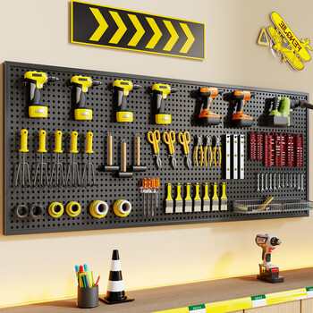 Fanlilin perforated board hardware tool storage board tool wall storage rack stainless steel perforated board tool wall universal hanging board metal hook 120*100*10cm black