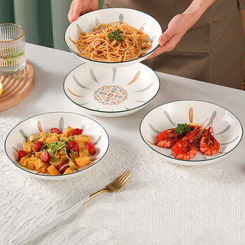 Jie yajie ceramic plate household plate 7-inch underglaze color dinner plate dish plate 6 pack vintage fan ye