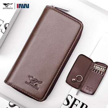 Septwolves key bag men's genuine leather storage keychain first-layer cowhide car women's multi-function key card case as a gift first-layer cowhide zipper style (send official gift box)