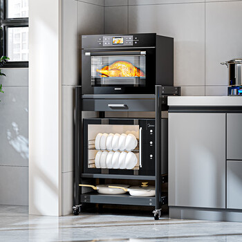 Shouqi three-layer steaming oven storage rack floor-standing multi-layer kitchen built-in dishwasher and disinfection cabinet integrated storage rack black three-layer smart black (length 50) with wheels and drawers