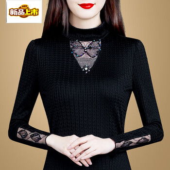 Early diameter half turtleneck bottoming shirt for women, autumn and winter 2025 new style plus velvet and thickened long-sleeved lace warm black top, black regular m