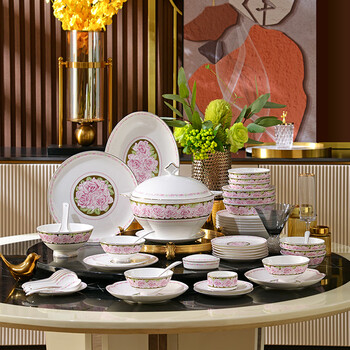 Red rose time rose ceramic dishes set 50 pieces tableware set for 10 people wedding gift household dishes plate pink dishes set leather case 50 pieces