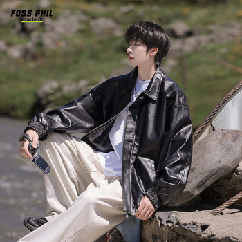 Foss phil jacket men's autumn and winter loose retro solid color american high street casual motorcycle leather jacket fpjk8 black l
