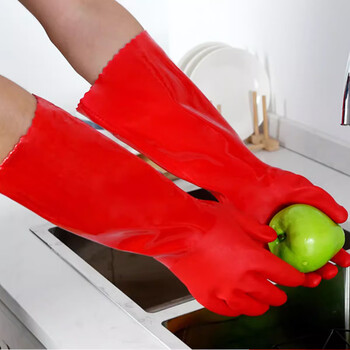 Dishwashing gloves, housework, kitchen, durable, velvet, thickened rubber, women's rubber, waterproof, extended rubber, washing clothes and washing dishes, red one-piece velvet (40cm), 1 pair, one size fits all