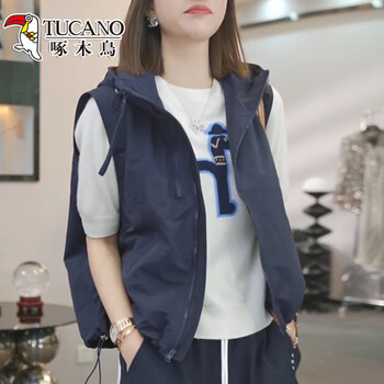 Woodpecker high-end short hooded jacket vest for women 2026 spring and autumn new loose casual workwear vest vest navy blue m