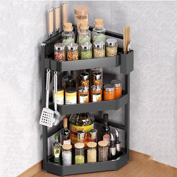 Nifeng kitchen storage shelf countertop corner triangle seasoning corner storage rack wall-mounted punch-free kitchen pendant two layers - black simple small size thickened stainless steel rusty surface sheet