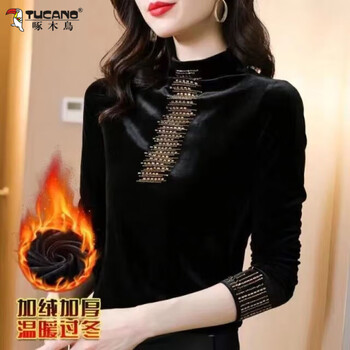 Woodpecker plus velvet and thickened gold velvet bottoming shirt for women in autumn and winter, versatile large d size half turtleneck with slim warm top, black 315-2# plus velvet, thickened l, recommended 100-115 pounds