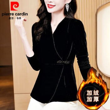 Pierre cardin gold velvet top autumn new waist slimming western-style shirt cross v-neck plate button long-sleeved bottoming shirt black plus velvet 3xl suitable for 136-145 pounds