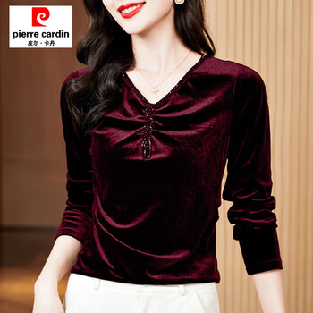 Pierre cardin gold velvet women's top autumn and winter new high-end design niche v-neck style shirt long-sleeved inner layering shirt burgundy m