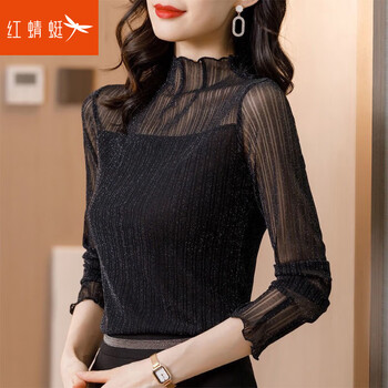 Red dragonfly bottoming shirt for women 2025 new spring women's top with fashionable shirt and velvet lace long-sleeved t-shirt black-regular l