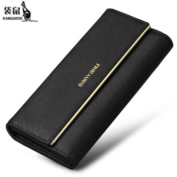 Kangaroo (kangaroo) 2024 new women's wallet valentine's day women's long three-fold luxury genuine leather women's brand wallet thin black - anti-theft brush