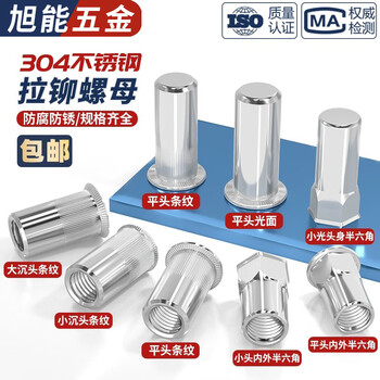 Bingneng 304 stainless steel rivet nut flat head cylindrical pull cap light body small countersunk head blind hole rivet nut half hexagonal flat head internal and external semi-hexagonal through hole m4*11-10 pcs