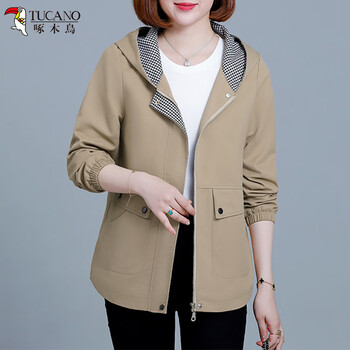 Woodpecker coat feminine casual spring and autumn loose large size fashion hooded middle-aged mom top khaki l