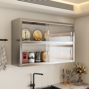Kitchen rack stainless steel wall-mounted wall-mounted cabinet hanging wall storage sliding door cabinet second floor length 70 width 35 height 70 wall-mounted storage rack with door