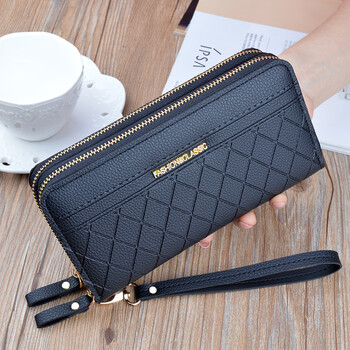 Kuqi kangaroo chinese valentine's day double zipper wallet women's long large capacity checkered clutch double layer wallet korean style coin mobile phone bag black