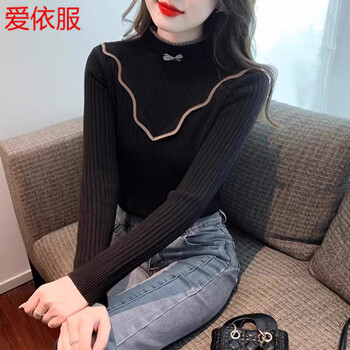 Aiyifu's famous half-turtle collar bottoming shirt for women in fall and winter with ruffles and stylish slim-fitting sweaters, long-sleeved pullovers and sweaters, classic black m