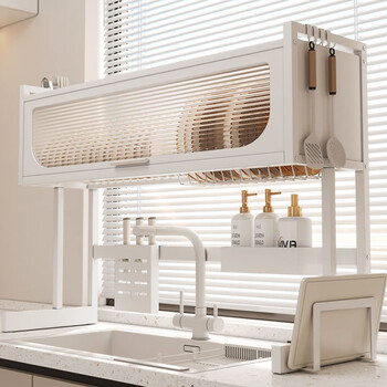 He jiagong kitchen sink rack multi-functional countertop dish storage rack sink drain rack dishwashing sink bowl thickened white - tall style 105cm long + knife holder + cleaning utensil holder +