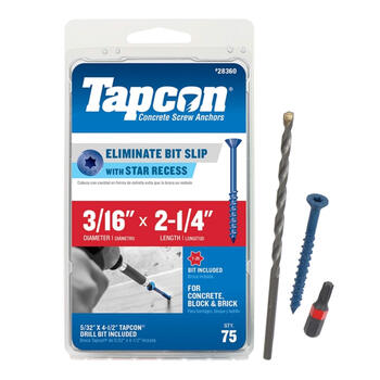Tapcon 3/16x2-1/4 blue star screws concrete anchors 75-pack
