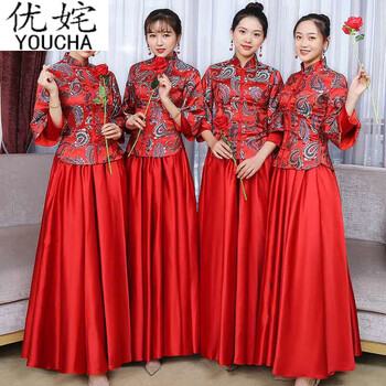 Naijiatu 2023 spring and autumn new sister group bridesmaid dress chinese style long dress chorus dress wedding dress satin red xl