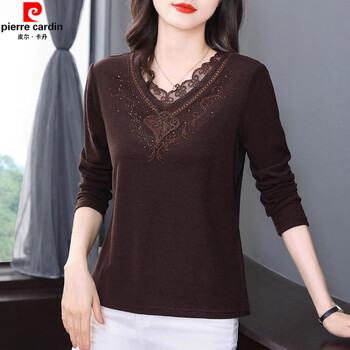 Pierre cardin german velvet lace bottoming shirt for women in spring, autumn and winter new style mother long-sleeved t-shirt large size with warm v-neck top, dark brown l (recommended 110-120 pounds)